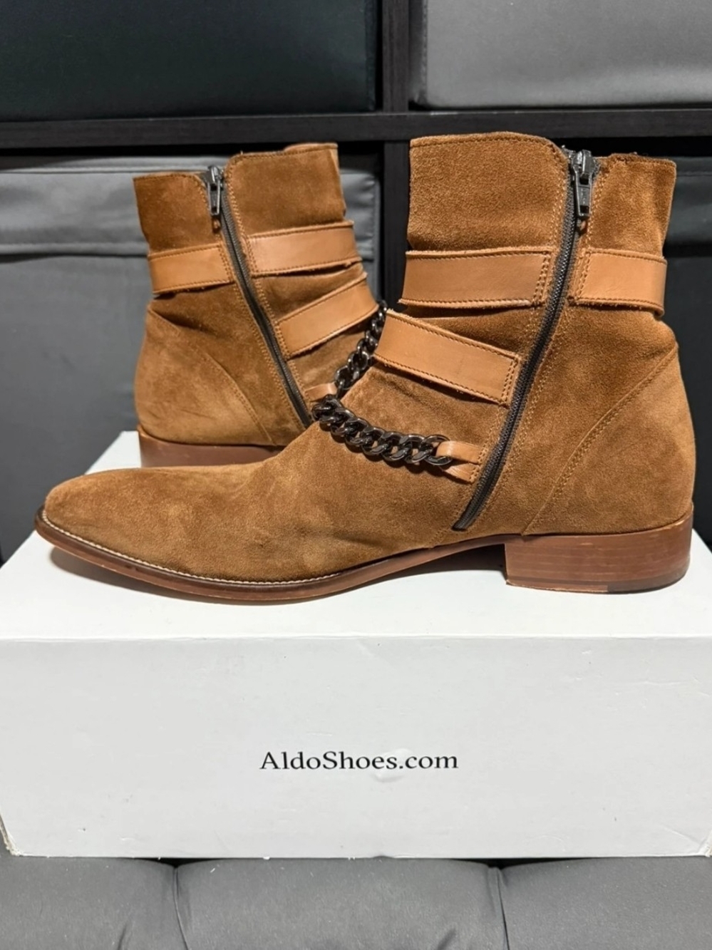 Aldo Men's Brown Suede Ankle Boots with Chain Accent